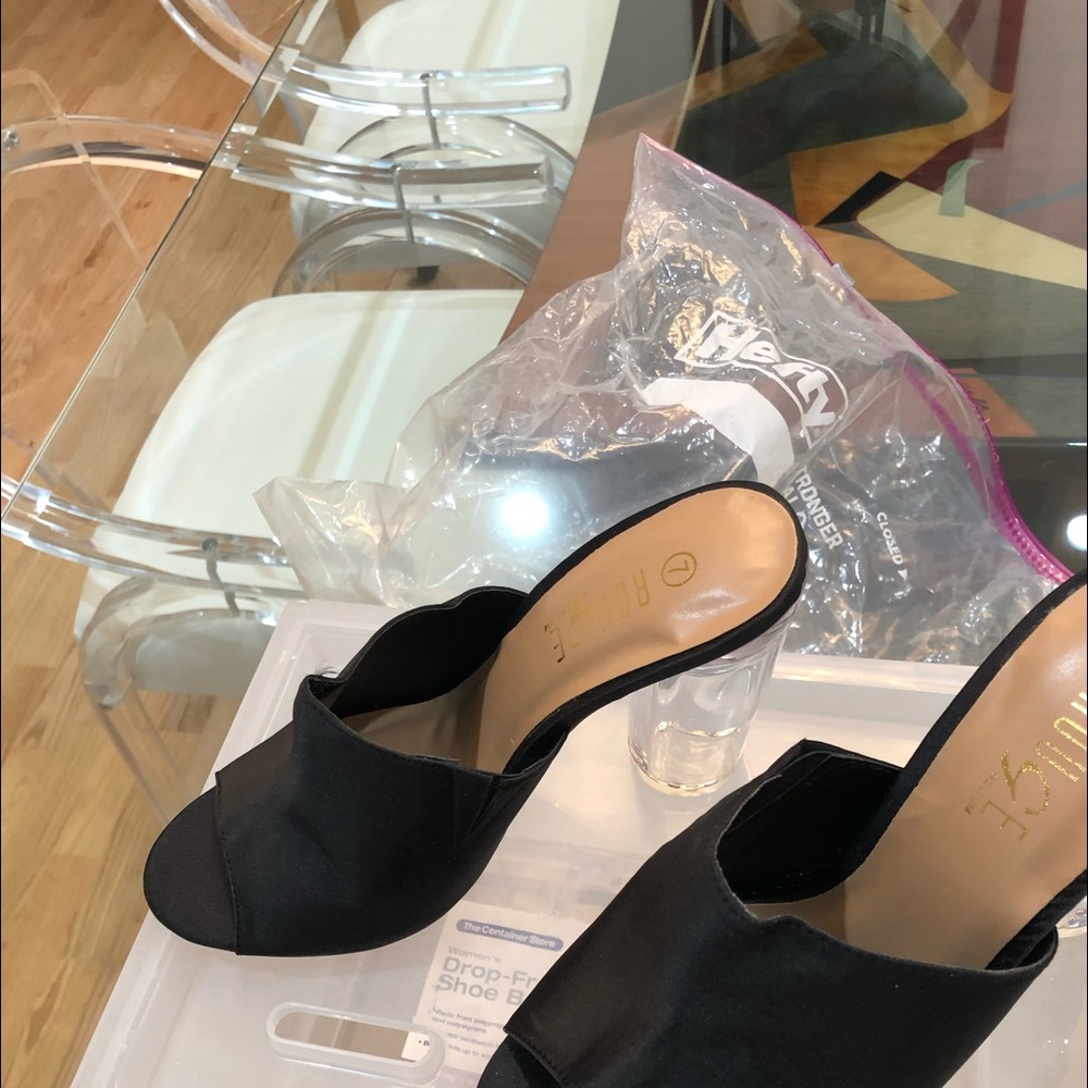Slides black satin lucite 5”  heel Sz 7 Brand new